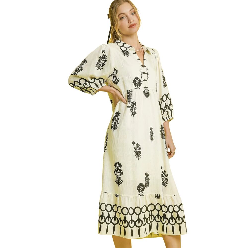 NWT Cora Black and Cream Boho Print Midi Dress with Puff Sleeves Large - Picture 2 of 9